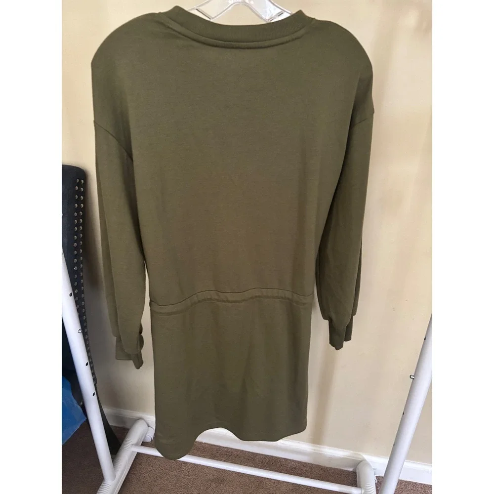 Yarn & Sea Olive Green Drawstring Waist Sweatshirt‎ Dress XS Long Sleeve Mini